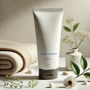 植物とコットンタオルと共にディスプレイされたシンプルなハンドクリーム
A simple hand cream tube displayed with greenery and a cotton towel