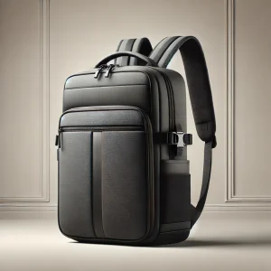 複数のジッパー付きポケットを備えたシンプルかつモダンなブラックバックパック
A modern black backpack with multiple zippered compartments and a minimalist look