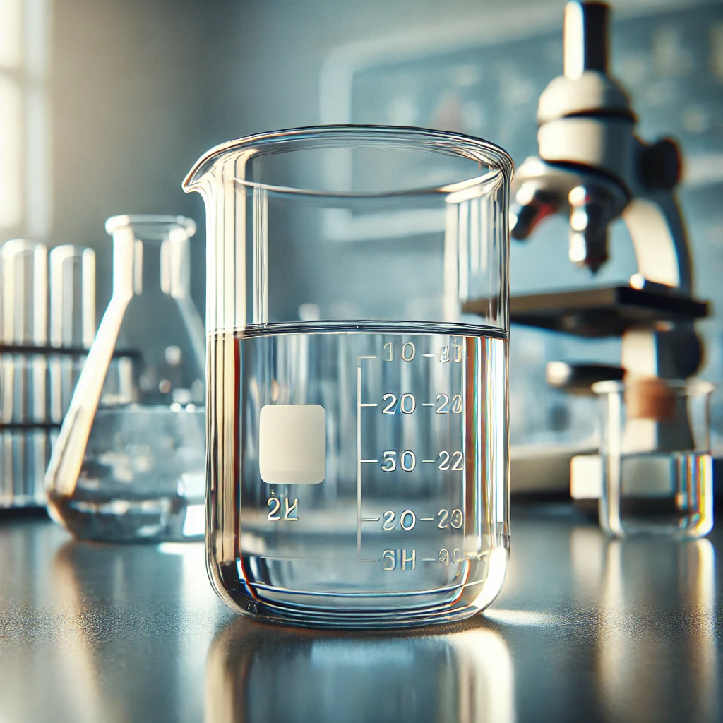 透明な液体が入ったビーカーが実験台に置かれ、背景に顕微鏡やフラスコがぼんやり映る A beaker filled with clear liquid on a lab bench, with blurred microscopes and flasks in the background