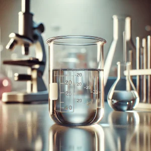 液体入りビーカーが中央に置かれ、背後には複数の試験器具と顕微鏡が整然と並ぶ実験室 A beaker with liquid placed center stage, surrounded by lab equipment and a microscope in the background