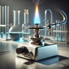 青い炎を上げて燃えるブンゼンバーナーが実験台に置かれ、周囲にガラス器具が並ぶ A Bunsen burner with a blue flame burning on a lab bench, surrounded by glassware