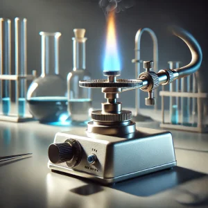 青い炎を上げて燃えるブンゼンバーナーが実験台に置かれ、周囲にガラス器具が並ぶ A Bunsen burner with a blue flame burning on a lab bench, surrounded by glassware
