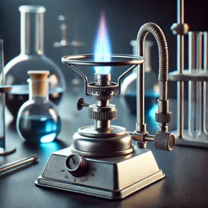 炎を灯したブンゼンバーナーが実験器具に囲まれた実験室の中央に配置されている A lit Bunsen burner placed centrally in a laboratory, surrounded by scientific instruments