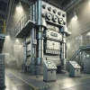 工場内に設置された高精度な大型プレス機と操作パネル High-precision large press machine with control panels installed in a factory