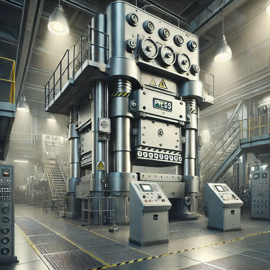 工場内に設置された高精度な大型プレス機と操作パネル High-precision large press machine with control panels installed in a factory