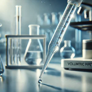 先端から液体のしずくが落ちるガラス製ピペット、背景にフラスコやラベルが並ぶ実験室 A glass pipette releasing a droplet at the tip, with flasks and labeled containers in the lab background