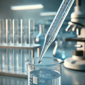 ピペットの先端から液体がビーカーに滴下される瞬間、背景には試験管や顕微鏡が並ぶ A droplet from a pipette falling into a beaker, with test tubes and a microscope visible in the background