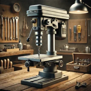 木工作業場に設置された卓上型ボール盤と各種工具
A benchtop drill press in a woodworking workshop with various tools