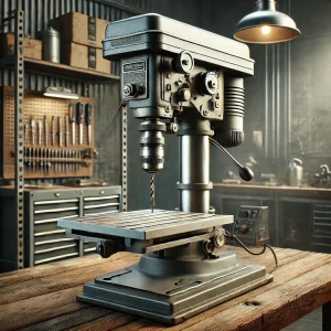 整備された作業場に置かれた重厚なボール盤と収納棚
A heavy-duty drill press placed in a well-organized workspace with storage shelves