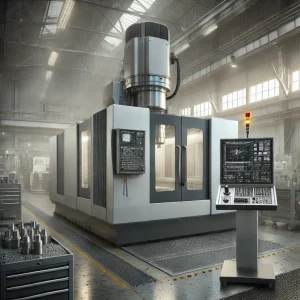 広々とした工場に設置された大型のマシニングセンタと操作パネル
A large machining center with control panel installed in a spacious factory