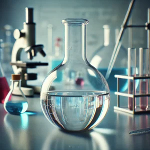 光を反射するメスフラスコが実験台に置かれ、背景には顕微鏡や試験管が配置されている A reflective volumetric flask on a lab bench with a microscope and test tubes arranged in the background