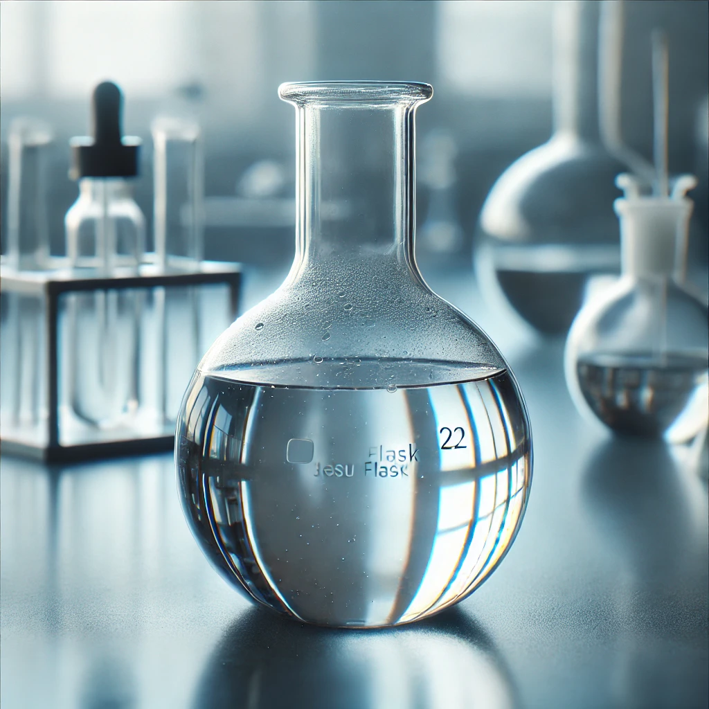 透明な液体が入ったメスフラスコが中央に置かれ、ガラス器具が並ぶ静かな実験室の一角 A volumetric flask filled with clear liquid placed centrally in a quiet laboratory with glassware around