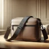 シンプルなデザインと滑らかな質感が特徴のブラウンレザー製メッセンジャーバッグ A brown leather messenger bag with a smooth texture and simple design