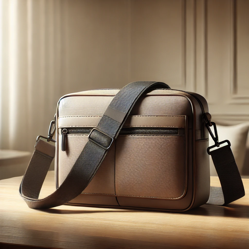 シンプルなデザインと滑らかな質感が特徴のブラウンレザー製メッセンジャーバッグ A brown leather messenger bag with a smooth texture and simple design