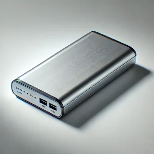 メタリックな質感が際立つUSBポート付きのコンパクトなモバイルバッテリー
A compact portable battery with USB ports and a metallic finish