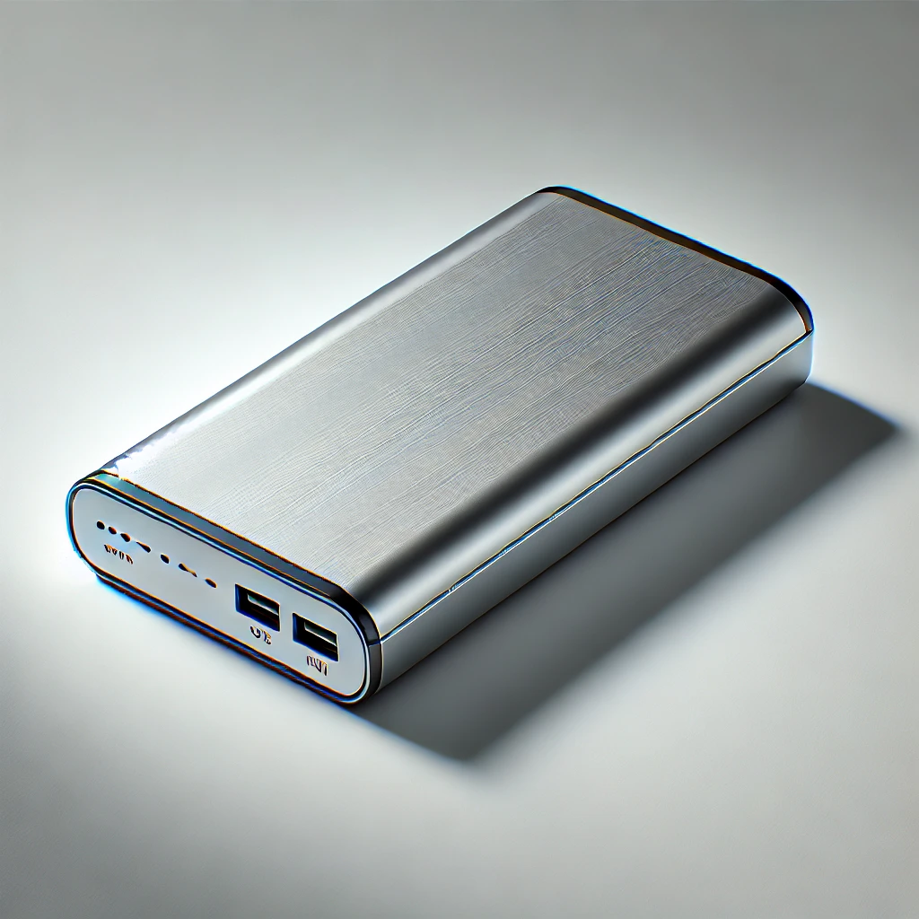 メタリックな質感が際立つUSBポート付きのコンパクトなモバイルバッテリー A compact portable battery with USB ports and a metallic finish