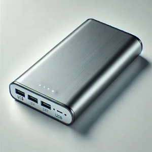 LEDインジケーター付きのシルバー製モバイルバッテリーが斜め上から撮影されている
A silver portable battery with LED indicators photographed from an angled top view