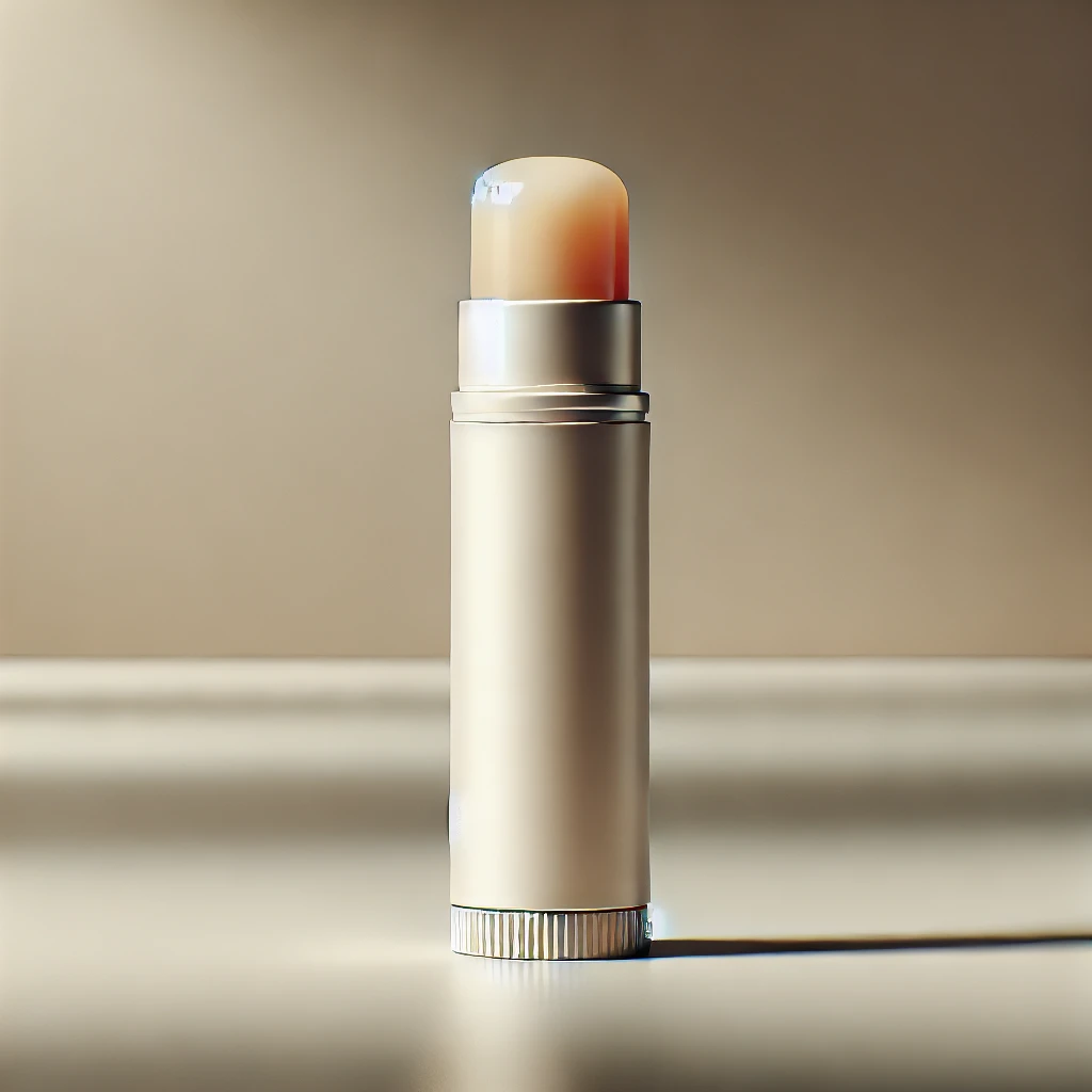ゴールド調の容器に入った高級感のあるスティックタイプのリップクリーム A stick-type lip balm with a luxurious gold-toned container
