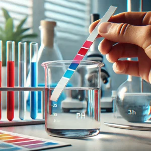 リトマス試験紙をビーカーの液体に浸す手元のクローズアップ、背景にpH指示と試験管が並ぶ Close-up of a hand dipping litmus paper into a beaker, with pH markings and test tubes in the background