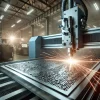 精密な模様を金属板に彫刻するレーザー加工機の稼働シーン Laser beam machine engraving intricate patterns on a metal sheet
