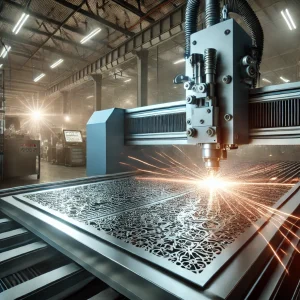 精密な模様を金属板に彫刻するレーザー加工機の稼働シーン
Laser beam machine engraving intricate patterns on a metal sheet