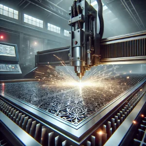 工業用レーザー加工機が高出力で金属プレートを切断している様子
Industrial laser beam machine cutting through a metal plate with high power