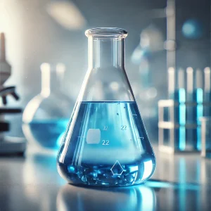 青い液体と沈殿物が入った三角フラスコが実験台に置かれ、背景にはぼかされた器具が並ぶ An Erlenmeyer flask with blue liquid and sediment on a lab bench, with blurred lab tools in the background