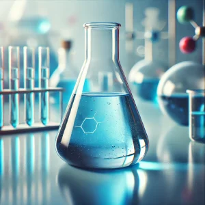 化学構造が描かれた青い液体入りの三角フラスコが、試験管や分子模型とともに配置されている A blue liquid-filled Erlenmeyer flask with a chemical structure mark, surrounded by test tubes and molecular models