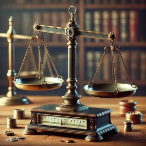 古典的な上皿天秤が机上に置かれ、分銅やコイン、本棚が背景に映るレトロな実験室風景 A classic two-pan balance on a desk with weights, coins, and a bookshelf in a vintage lab setting