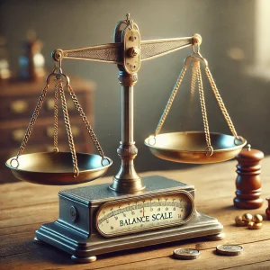 光に照らされたアンティーク調の上皿天秤と分銅が木製の机の上に配置されている An antique-style two-pan balance and weights illuminated by warm light on a wooden desk