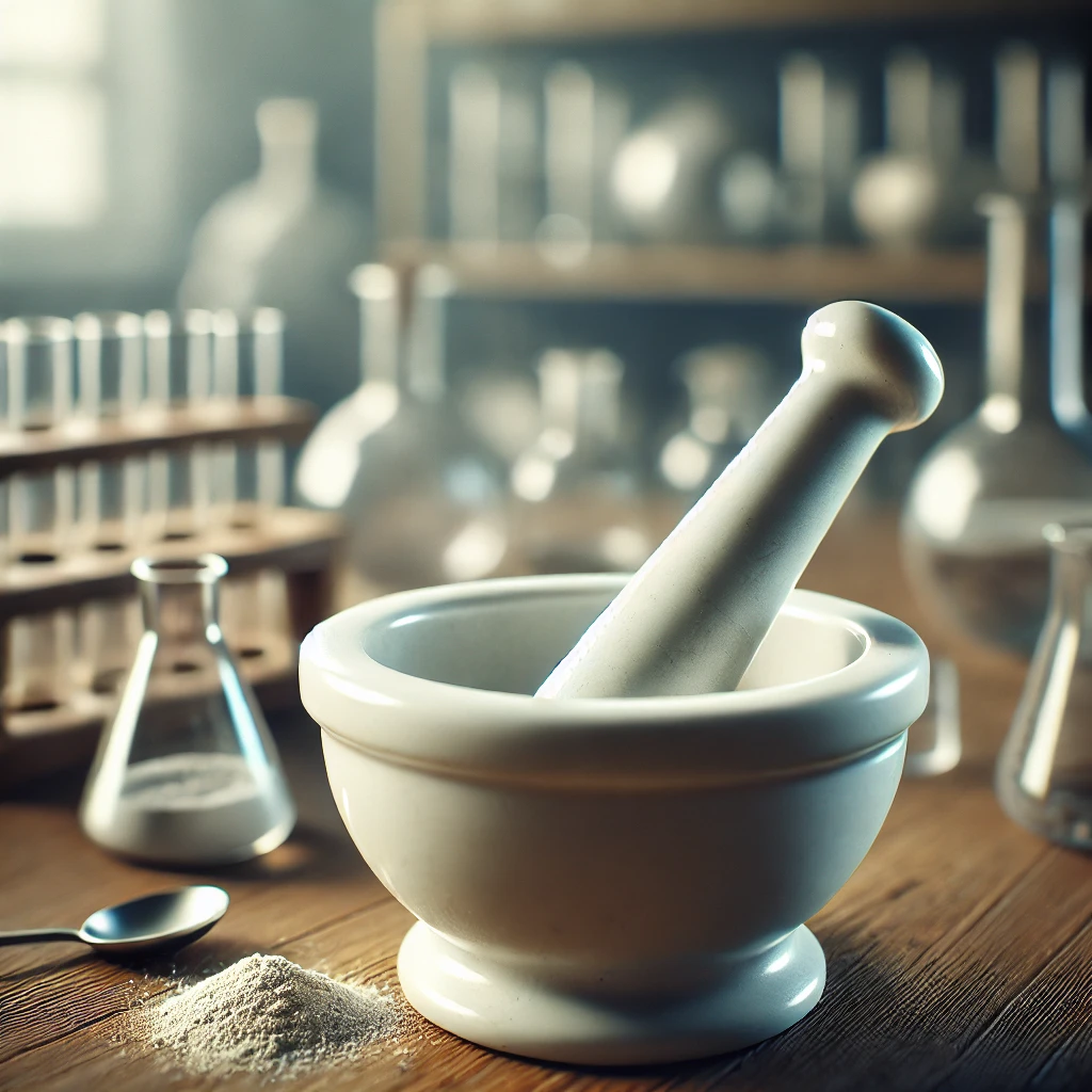 すりこぎと白い粉が入った乳鉢が実験器具に囲まれて木の台の上に置かれている A mortar with pestle and white powder placed on a wooden surface surrounded by lab equipment