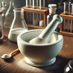 粉末が入った乳鉢とすりこぎが木製テーブルに置かれ、背景にはフラスコや試験管が並ぶ A mortar filled with powder and a pestle on a wooden table, with flasks and test tubes in the background