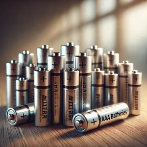 様々なラベルの乾電池が密集して立てられ、一部は横倒しになって床に転がっている Dry batteries with various labels clustered upright, with a few lying down on the surface