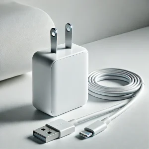 白い背景に置かれたUSB-AとLightning端子付きのシンプルな充電器セット
A minimalist charger set with USB-A and Lightning connector on a white background
