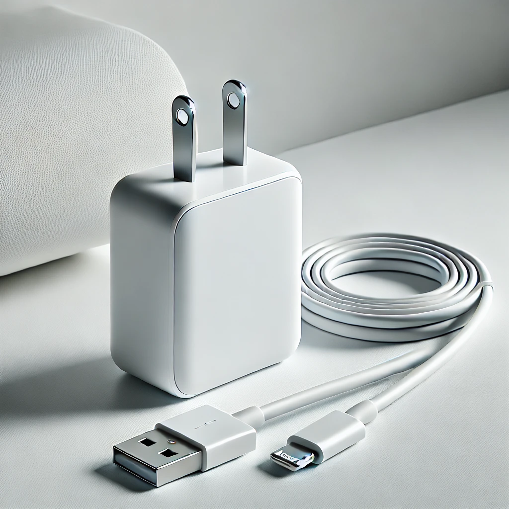 白い背景に置かれたUSB-AとLightning端子付きのシンプルな充電器セット A minimalist charger set with USB-A and Lightning connector on a white background