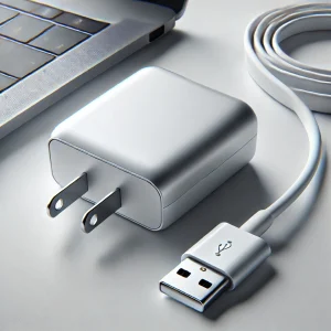 ノートパソコン横に配置されたメタリック調のUSB充電器と巻かれたケーブル
A metallic-style USB charger with coiled cable placed beside a laptop