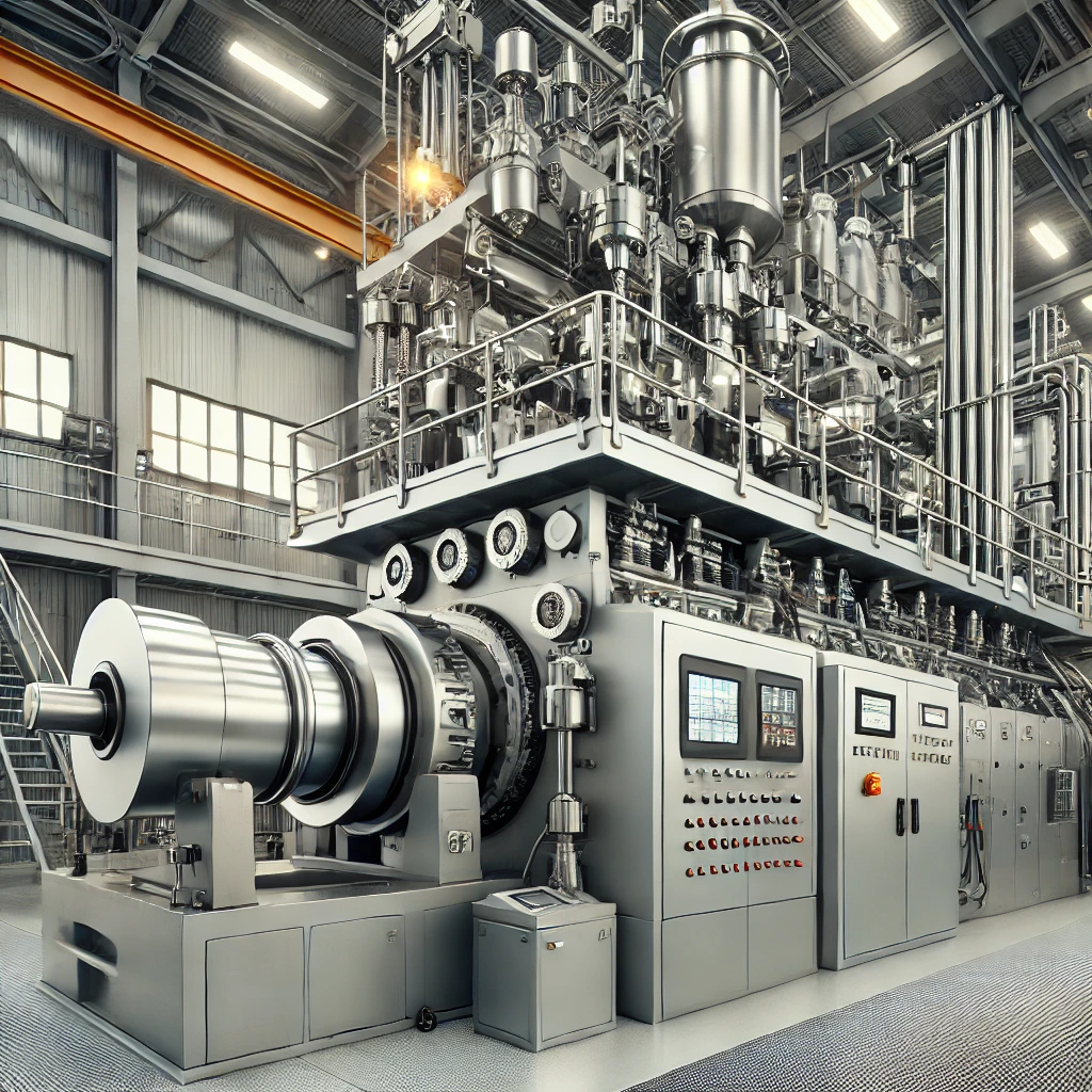 多数のパイプやタンクが組み合わさった大型の押出成形機システム A large extrusion molding system with multiple integrated pipes and tanks