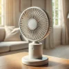 リビングに置かれた円形土台の携帯用ミニ扇風機 A portable mini fan with a round base placed in a living room