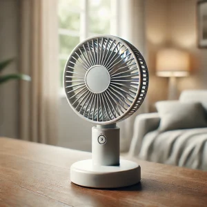 ナチュラルな室内に設置されたシンプルなデザインの携帯用ミニ扇風機
A simply designed portable mini fan set in a natural interior room