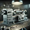 金属加工中の卓上旋盤と切削くずが散らばる作業台 A tabletop lathe in operation with metal shavings scattered on the workbench
