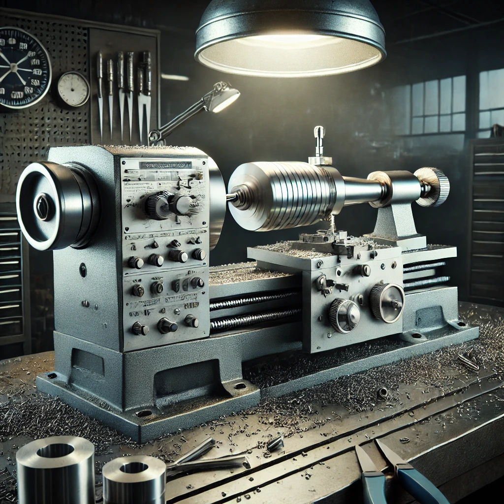 金属加工中の卓上旋盤と切削くずが散らばる作業台 A tabletop lathe in operation with metal shavings scattered on the workbench