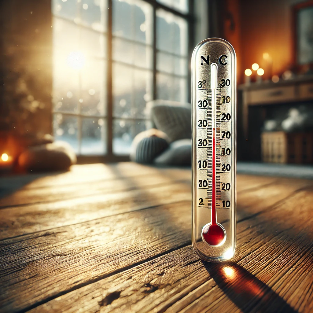 冬の光が差し込む室内の木の床に立つ温度計が約20℃を示している A thermometer showing around 20°C standing on a wooden floor lit by winter sunlight indoors