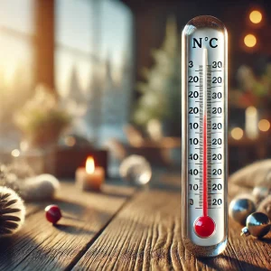 クリスマス飾りとキャンドルに囲まれた室内に置かれた温度計が約22℃を示している A thermometer reading about 22°C placed indoors among Christmas ornaments and candles