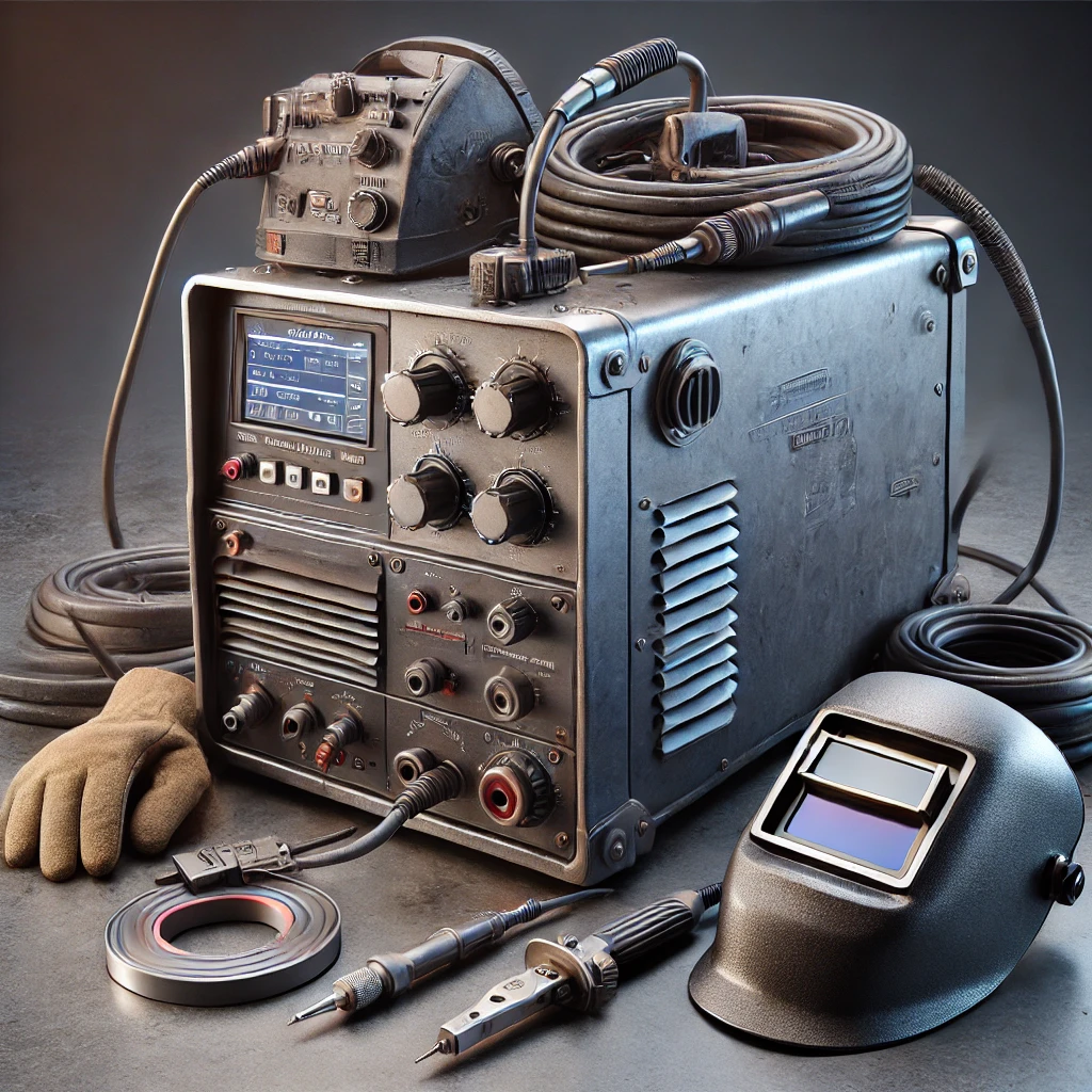 保護具とコードが接続された工業用溶接機と溶接マスク An industrial welding machine connected with cables and safety gear including a welding helmet
