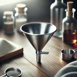 細口の金属製漏斗が中央に配置され、背景には調味料容器や粉がこぼれた様子が見える A narrow-spout metal funnel centered, with spice jars and spilled powder visible in the background