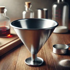 金属製の漏斗が木製の作業台に置かれ、周囲には計量スプーンやガラス瓶が並ぶ A metal funnel on a wooden workbench, surrounded by measuring spoons and glass bottles