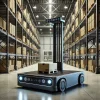 倉庫内で小さな荷物を運搬中の先進的な無人搬送車（AGV） Advanced autonomous guided vehicle (AGV) transporting a small package inside a warehouse