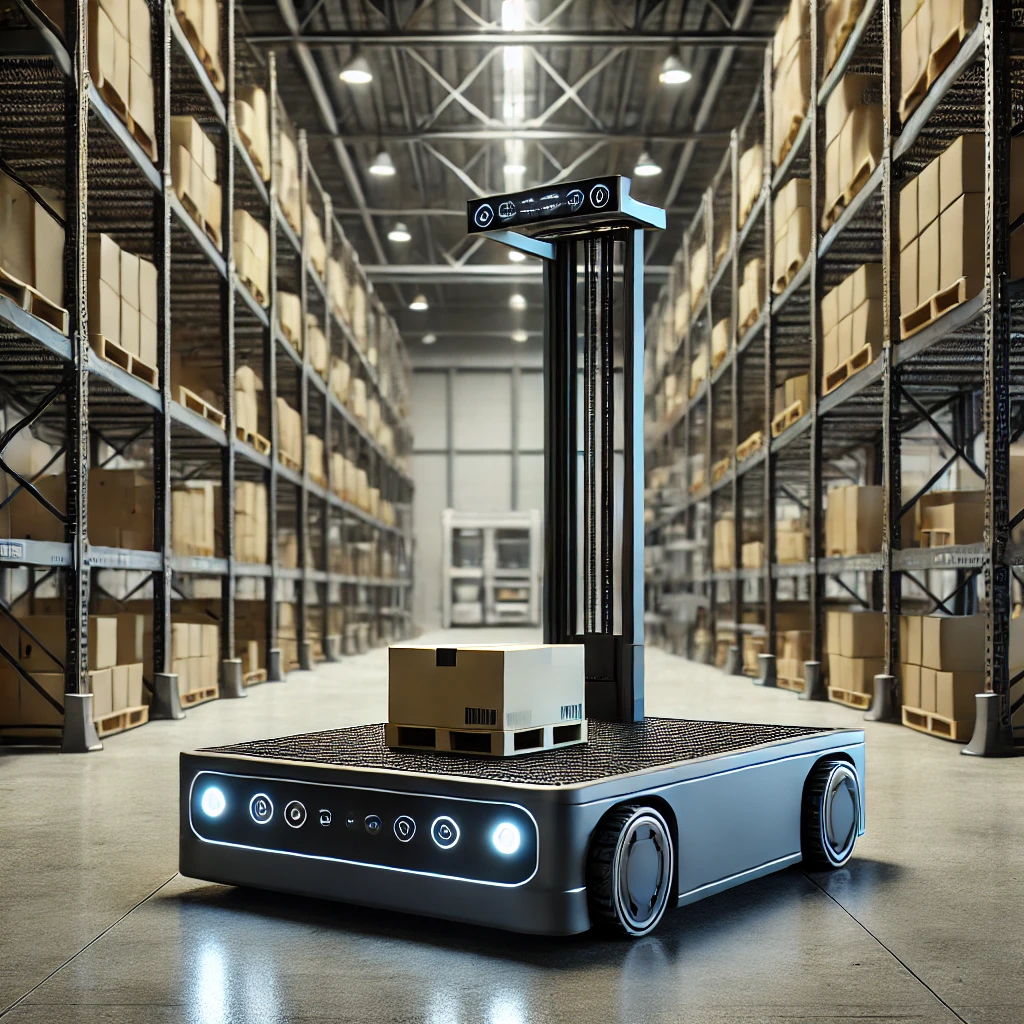 倉庫内で小さな荷物を運搬中の先進的な無人搬送車（AGV） Advanced autonomous guided vehicle (AGV) transporting a small package inside a warehouse