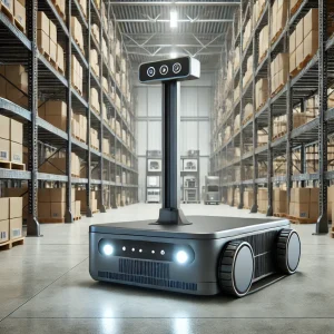 高い棚が並ぶ倉庫内を走行する無人搬送ロボットの正面ビュー
Front view of an autonomous delivery robot navigating a warehouse aisle with tall shelves