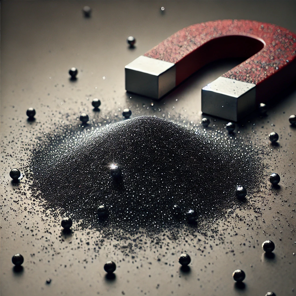 赤いU字磁石の前に集まった砂鉄が小さな山を作り、鉄球が周囲に散らばっている Iron sand piled into a small mound in front of a red U-shaped magnet, with metal spheres scattered around